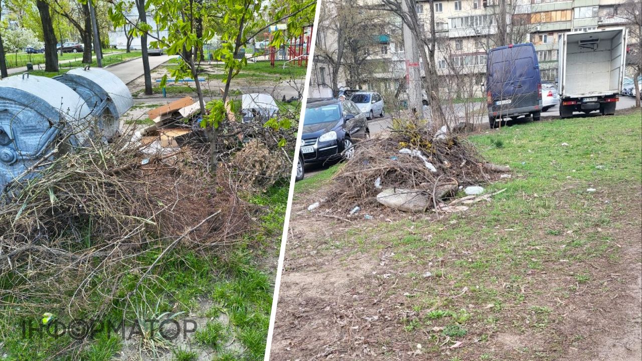 Кучи веток во дворах Оболони