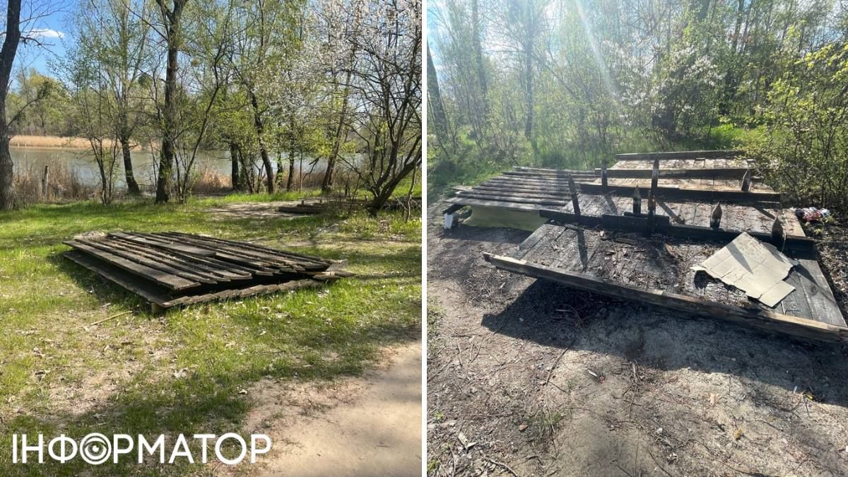 Поряд розкидані обгорілі залишки альтанок, або "алкобудок", як їх прозвали місцеві за "контингент" відвідувачів