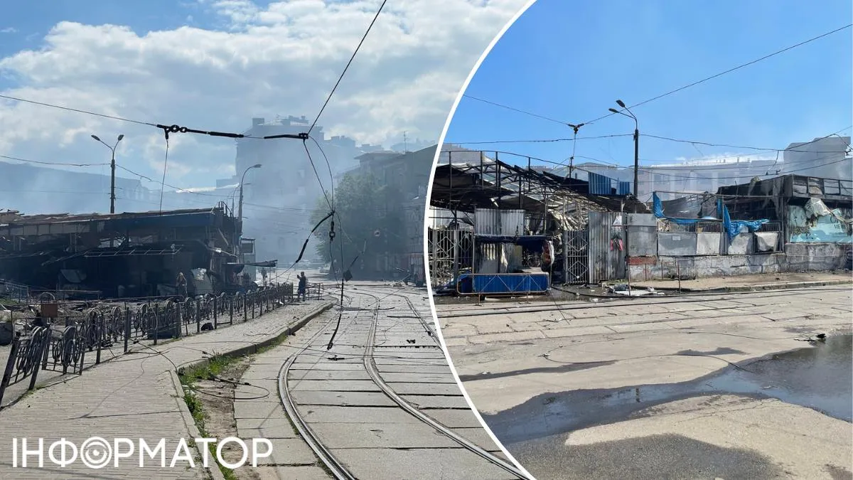 Від Лук'янівського ринку на Лук'янівській площі лишилися самі оплавлені металеві конструкції Від Лук'янівського ринку на Лук'янівській площі лишилися самі оплавлені металеві конструкції