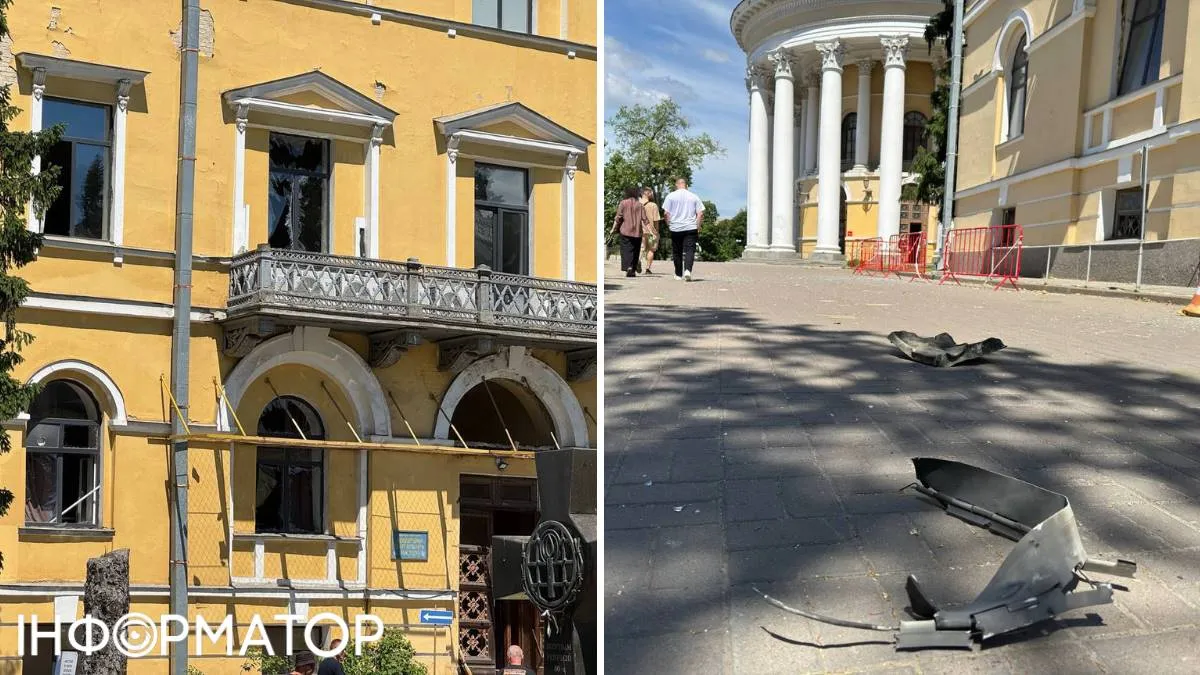 Будівля Жовтневого палацу постраждала від удару, перед нею лежать підозрілі уламки Будівля Жовтневого палацу постраждала від удару, перед нею лежать підозрілі уламки