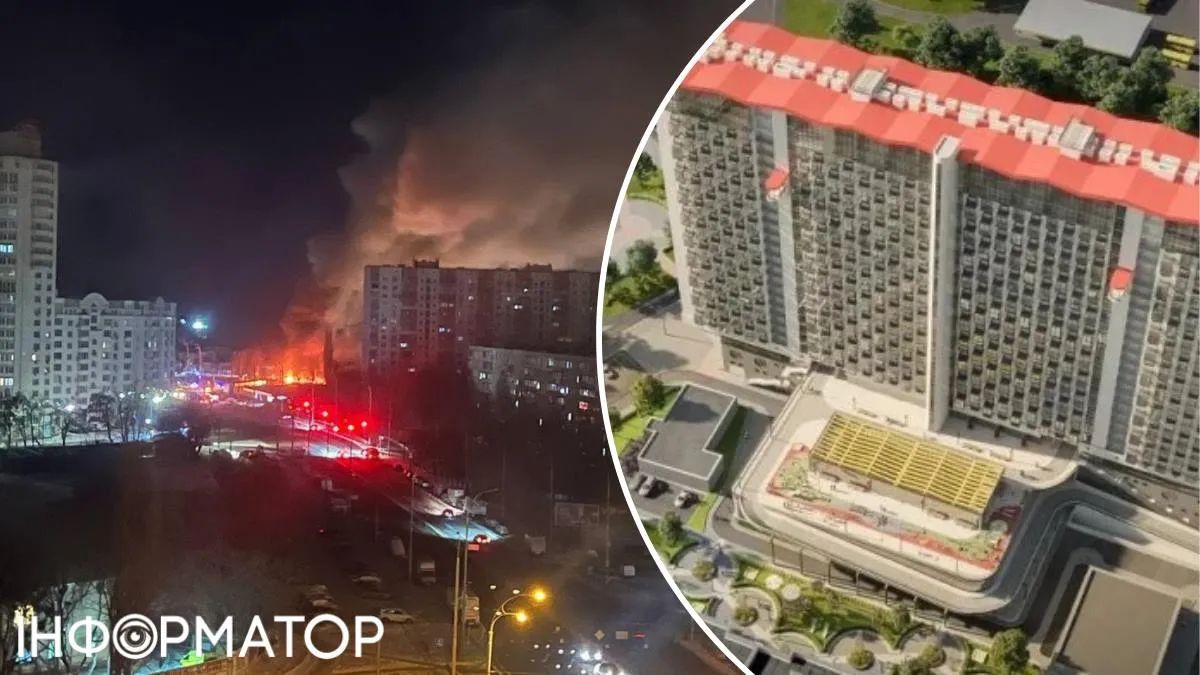 Сильна пожежа спалахнула на ринку на початку січня 2026 року. Справа - візуалізація з проєкту ЖК Liner Сильна пожежа спалахнула на ринку на початку січня 2026 року. Справа - візуалізація з проєкту ЖК Liner