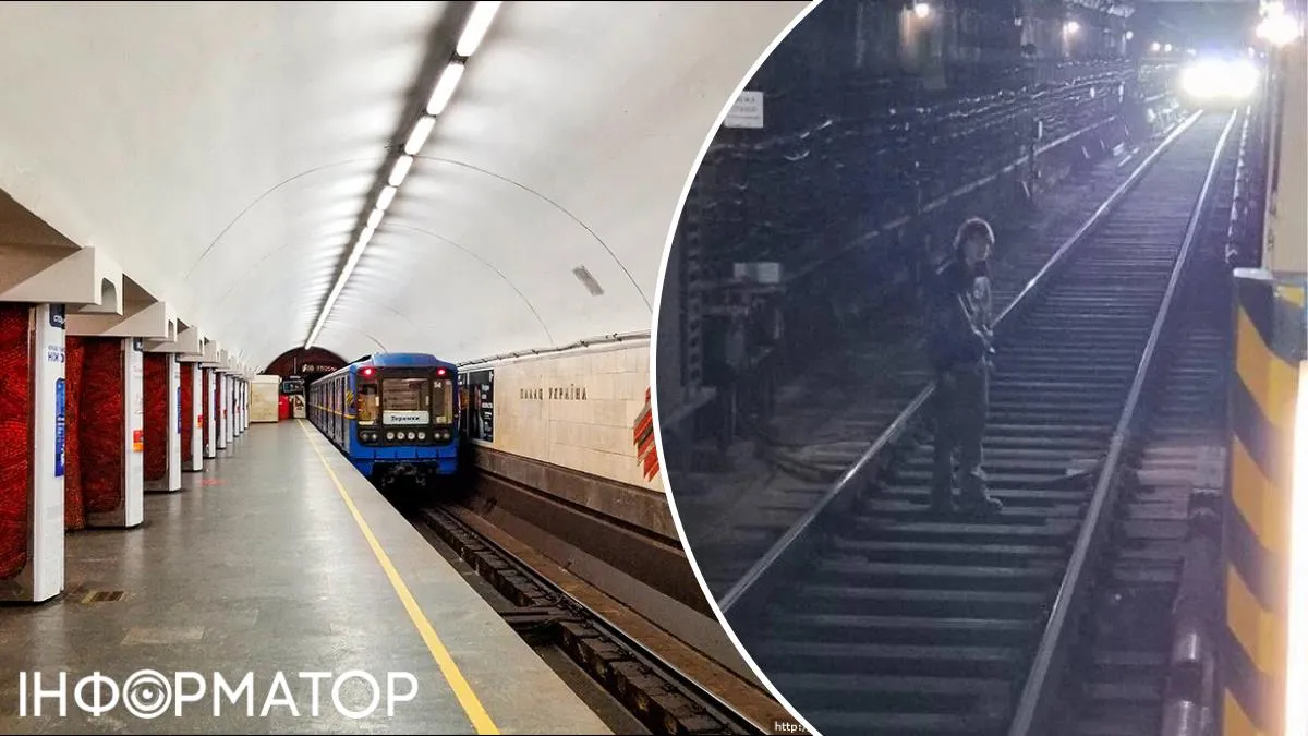 Мужчина на путях метро станция Дворец Украина