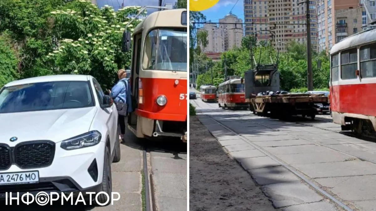 Трамваї вишикувалися довжелезною вервечкою уздовж вул. Дмитрівської