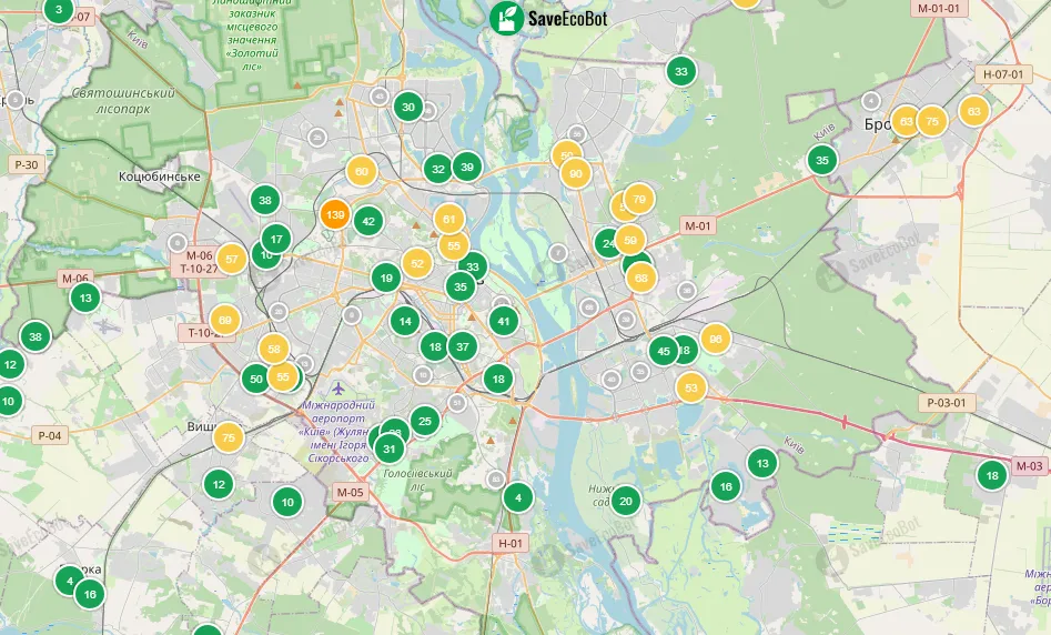 Карта брудних плям у повітрі Києва станом на 08:00 у вівторок, 2 червня 2026 року Карта брудних плям у повітрі Києва станом на 08:00 у вівторок, 2 червня 2026 року