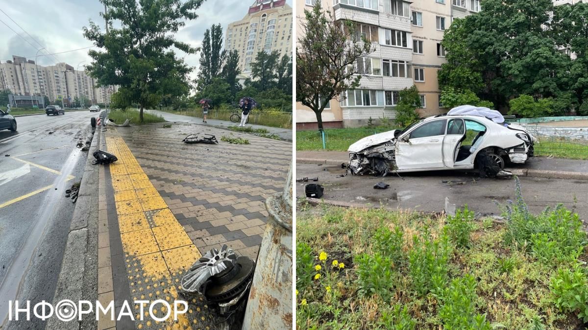 В білого Mercedes не лишилося, буквально, жодного колеса, а дверцята авта діставали з дитмайданчика поряд