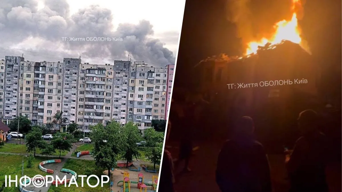 Житлова будівля, що палає в районі пл. Тараса Шевченка у Оболонському районі