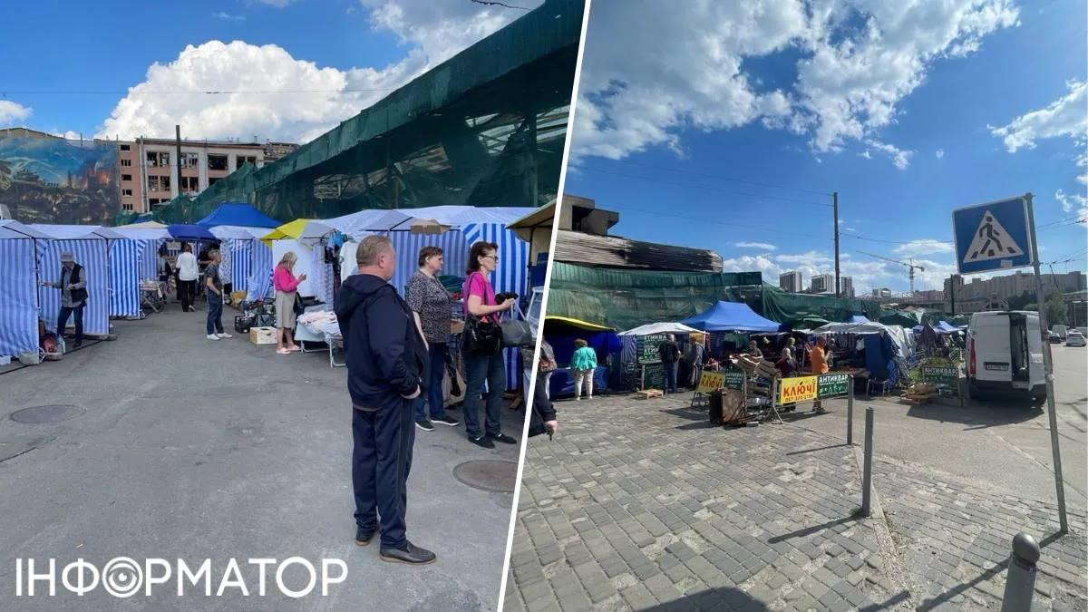Продавчині розмістили свої ятки просто всередині колишнього, згорілого, ринку - страшні покручені конструкції якого затягнули в зелену будівельну сітку Продавчині розмістили свої ятки просто всередині колишнього, згорілого, ринку - страшні покручені конструкції якого затягнули в зелену будівельну сітку