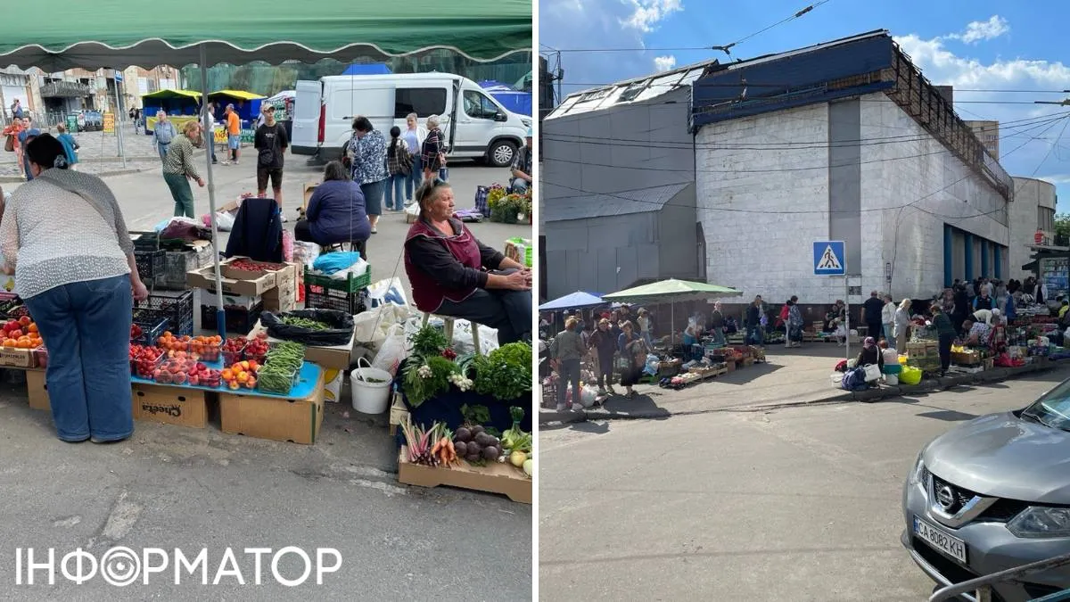 Стоять ятки й біля будівлі вестибюля ст.м. Лук'янівська - там продають городину й фрукти Стоять ятки й біля будівлі вестибюля ст.м. Лук'янівська - там продають городину й фрукти