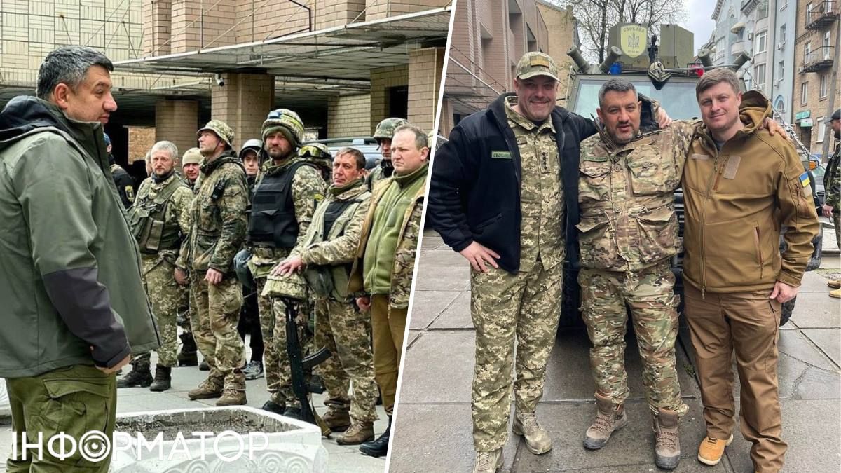 Весна 2022-го: Петр Кузик со своими бойцами из 112-го батальона ТрО Киева; а также с партийным шефом – Олегом Тягнибоком