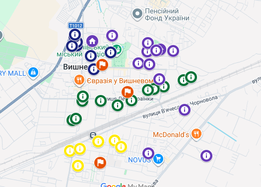 Карта укриттів у Вишневому з сайту міської ради