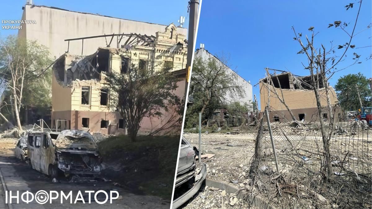 Вид на частково зруйновану будівлю Лук'янівської поліцейської дільниці: ракетою знесло третій поверх з боку вул. Дмитрівської Вид на частково зруйновану будівлю Лук'янівської поліцейської дільниці: ракетою знесло третій поверх з боку вул. Дмитрівської