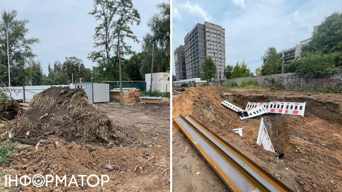 Пластикові парканчики, встановлені комунальниками, скинули в траншею; трохи раніше цього місця частину, де вже ведуть будівництво, обгородили великим будівельним парканом