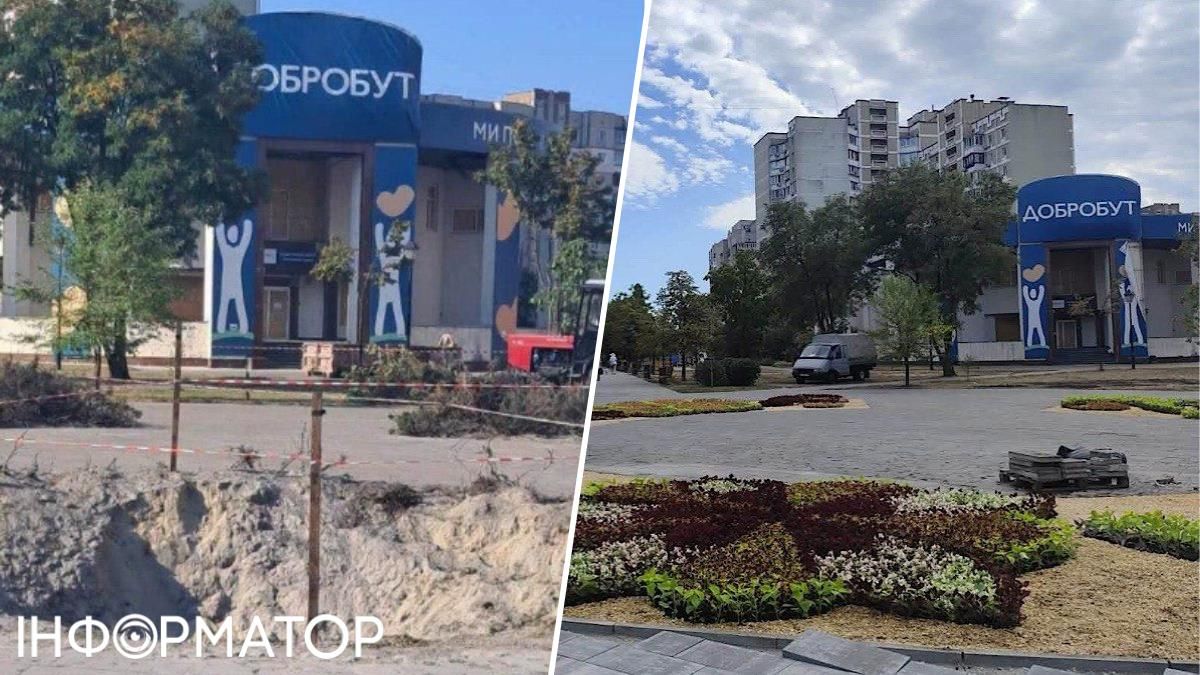 На Дарнице восстановили клумбу, вместо которой была мега-воронка от российской ракеты