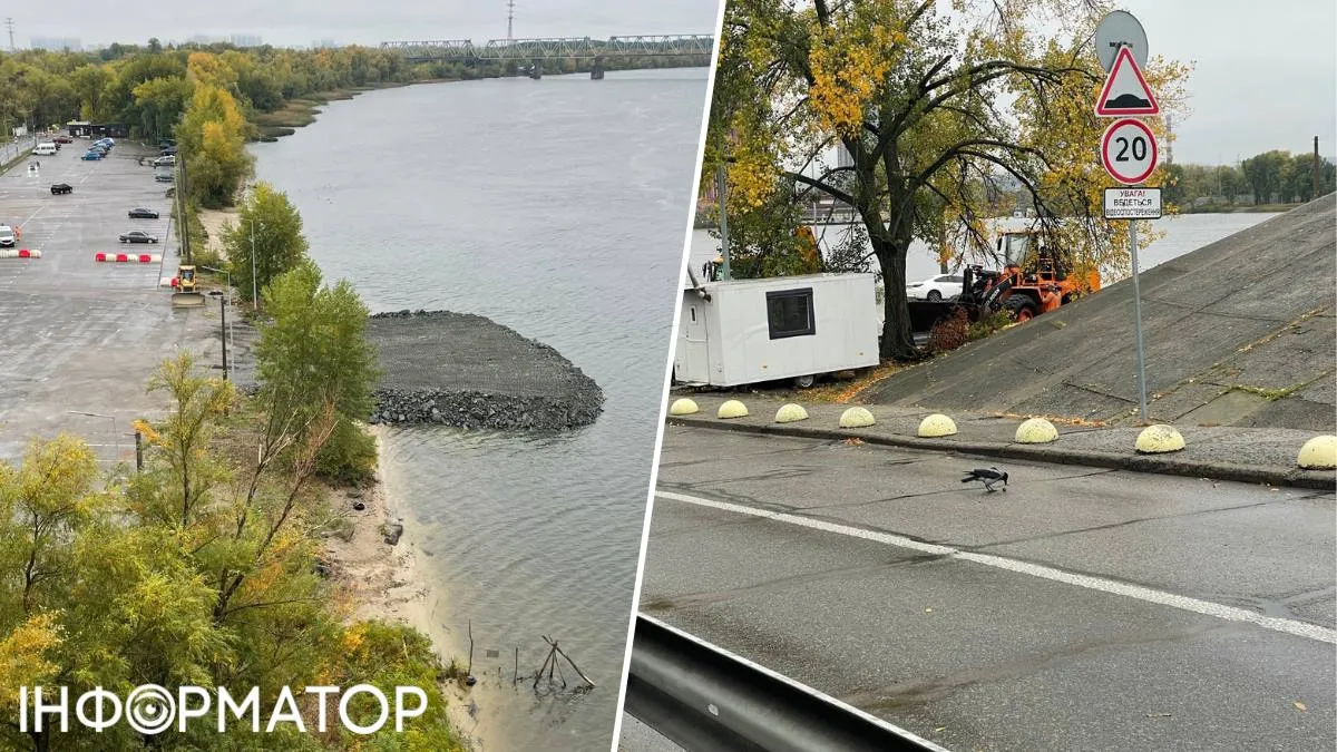 Частину території парковки відгородили білими й червоними "фішками", і вже почали насипати дамбу