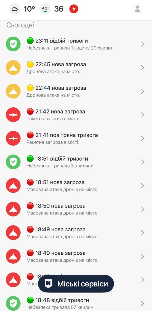 Уведомления о воздушной тревоге, скриншот из приложения Киев Цифровой Уведомления о воздушной тревоге, скриншот из приложения Киев Цифровой