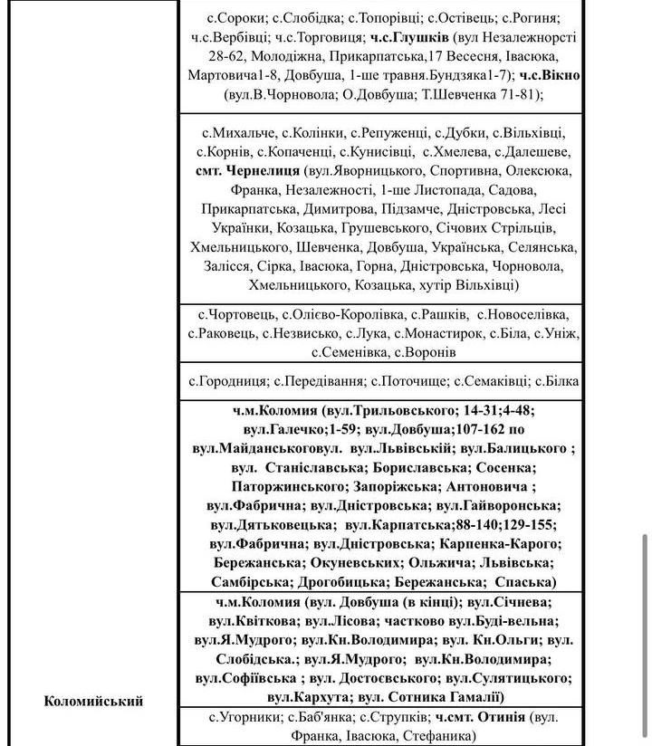 Оновлені списки аварійних вимкнень для Коломиї та району 1