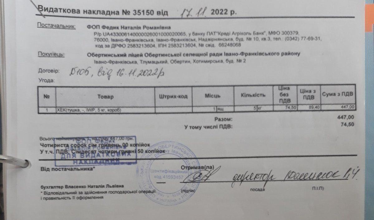 Не тільки хлібом єдиним: Обертинський ліцей мав також закупівлі риби і курятини по 1000 грн за 1 кг, фаршу - по 2000 грн. В чому причина? 8