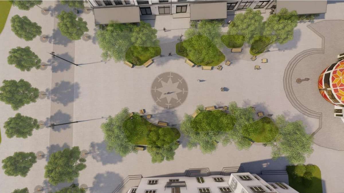 візуалізація реконструкції площі перед Музеєм писанкового розпису. На місці логотипу встановлюють фонтан