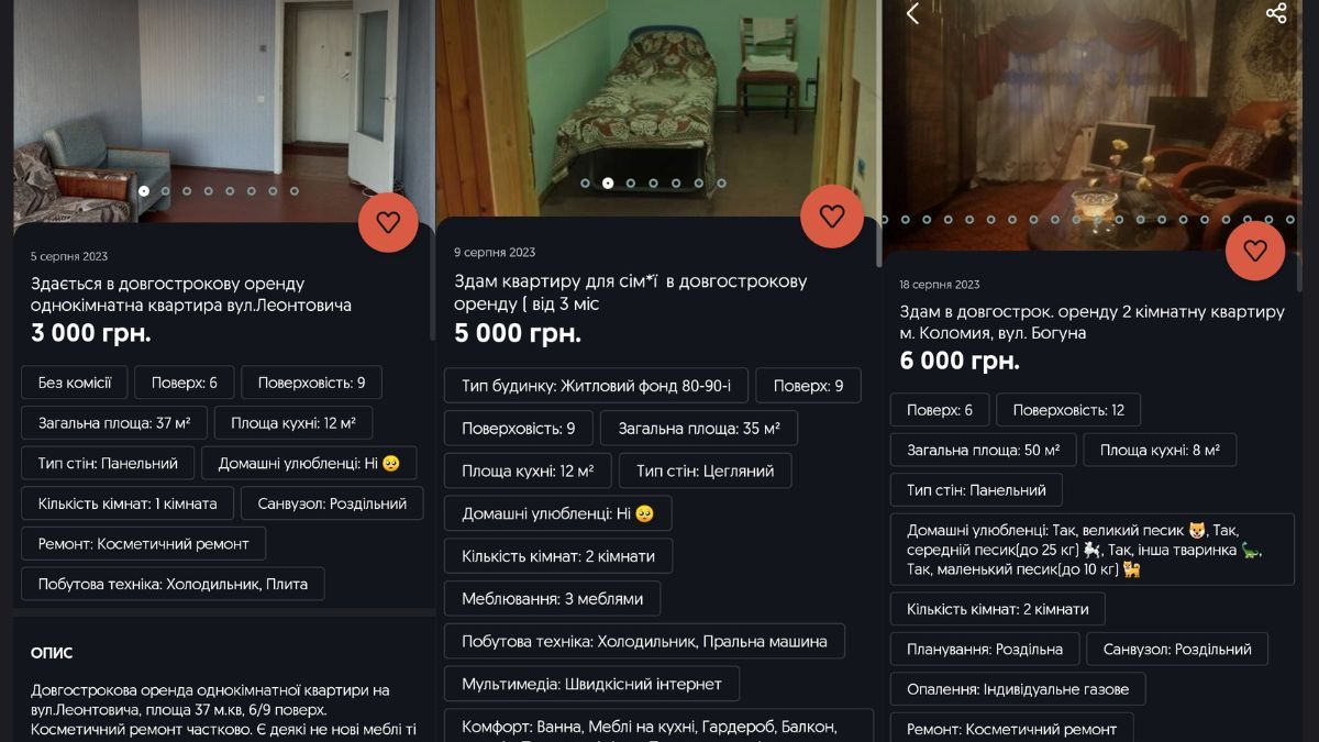 Ціни на оренду житла в Коломиї у серпні 1