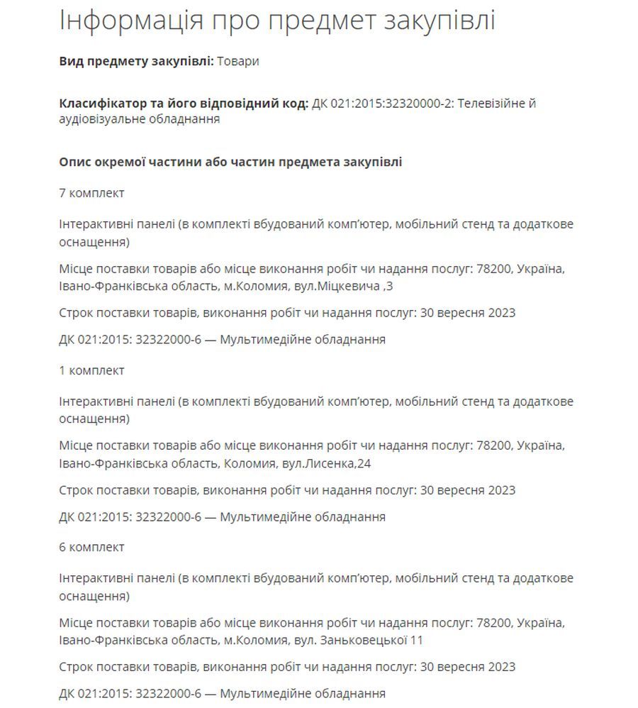 Скріншот із тенедерної закупівлі мозабуків