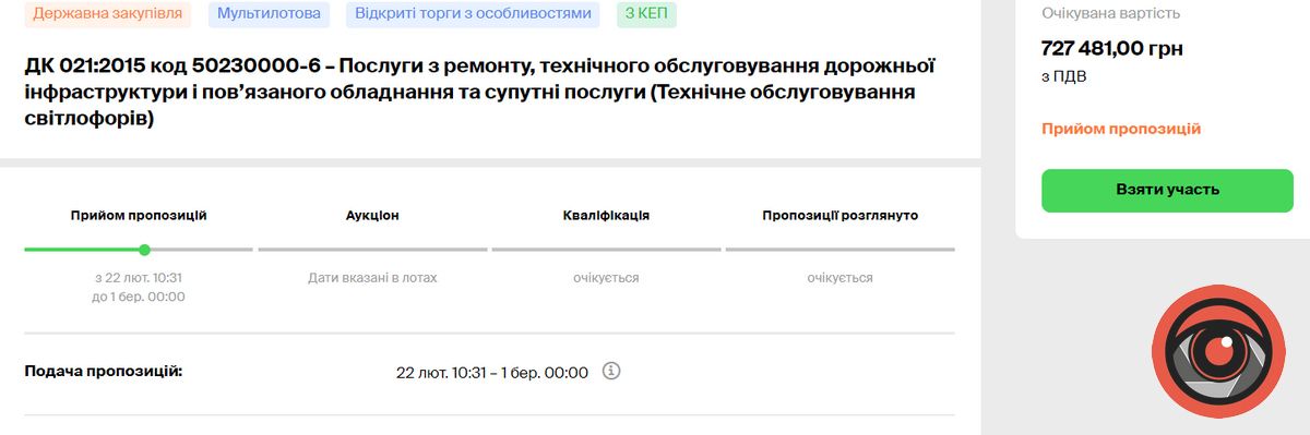 Управління комунального господарства Коломиї закуповує обслуговування 14-ти світлофорних об'єктів за сотні тисяч гривень 1