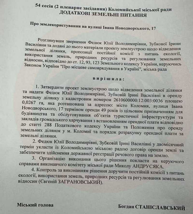 Землю біля міського озера у Коломиї віддали дружині депутата в оренду на пів століття для будівництва 1