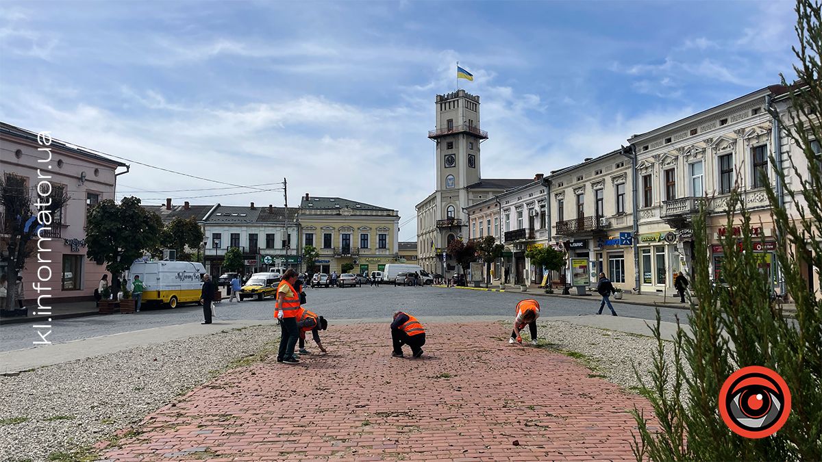 Знову вручну: коломийські комунальники шпателями чистять траву на площі Відродження. Де закуплена техніка? 3