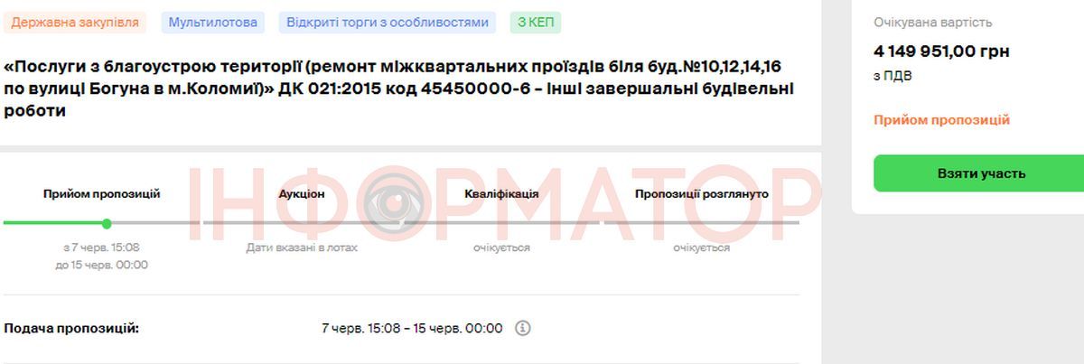 Скріншот закупівлі. Ремонт міжквартальних проїздів біля будинків №10, 12, 14, 16