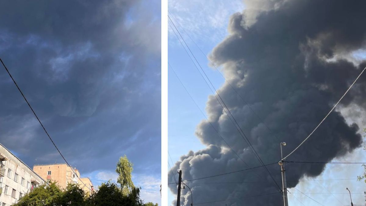 Стовп диму й повітряні маси після падіння уламків і загоряння на Тернопільщині. Колаж з фото - Суспільне.