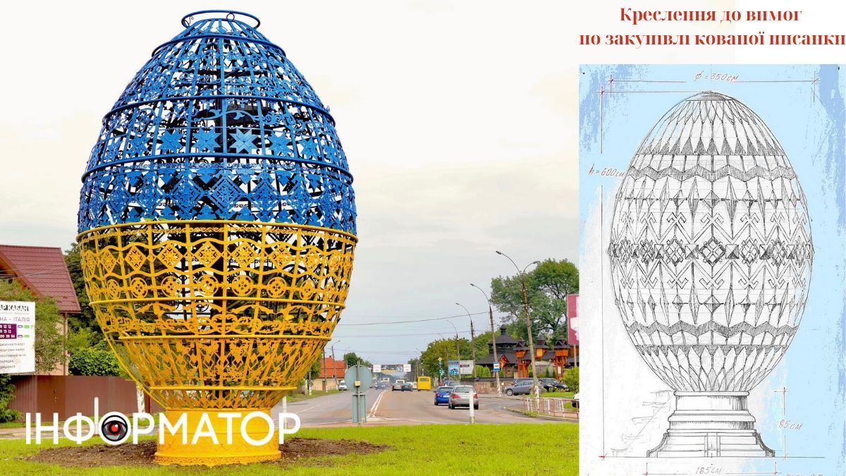 Писанка, яка наступного дня по закупівлі нібито була "виготовлена" на замовлення управління комунального господарства Коломийської міської ради. Праворуч - креслення виробу, долучене до технічних завдань по тендерній закупівлі