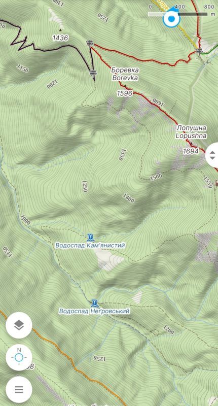 Затоплена долина на карті (водоспад Камянистий)