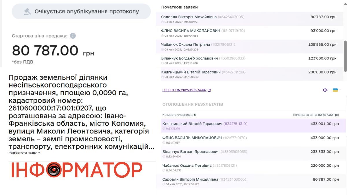 За скільки у спальному мікрорайоні Коломиї з аукціону продали земельну ділянку 1