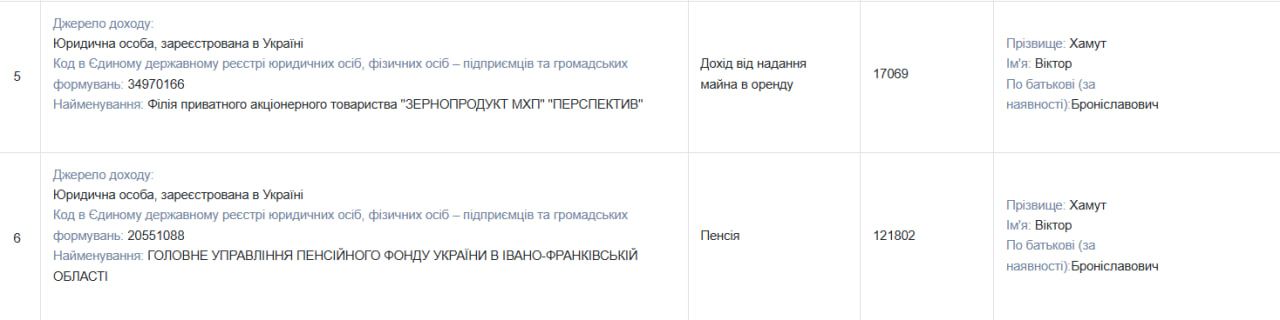 Скрін з декларації Віктора Хамута