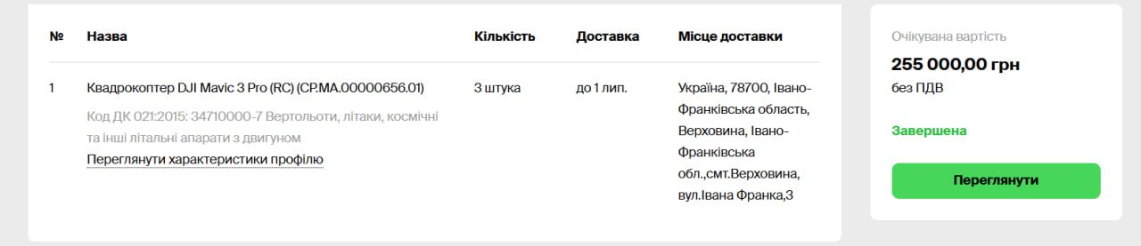 Скрінщот із закупівлі дронів Mavic 3 Pro