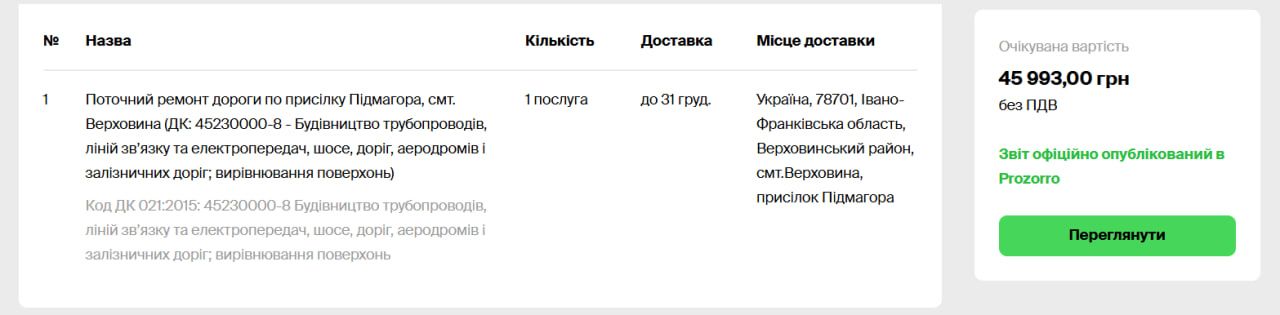 Скрін із закупівлі послуг на проведення робіт у присілку Плай
