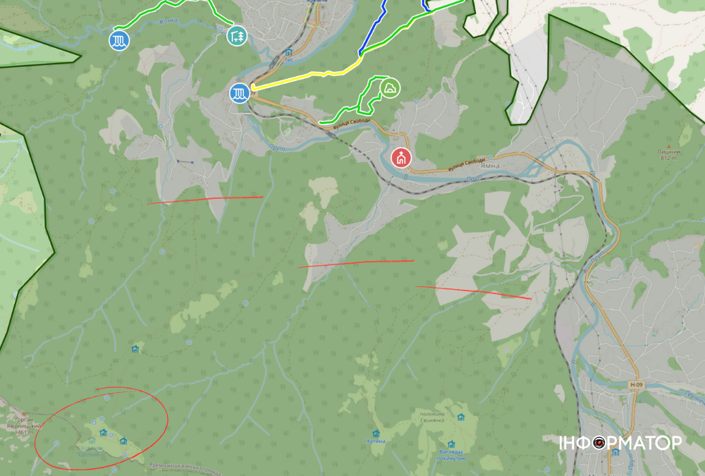 Скрін мапи частини Карпатського НПП, зокрема пол. Явірник та маршрутів навколо Скрін мапи частини Карпатського НПП, зокрема пол. Явірник та маршрутів навколо
