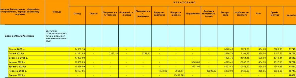 Дані про нараховану зарплату пані Ользі за січень-липень 2025 року