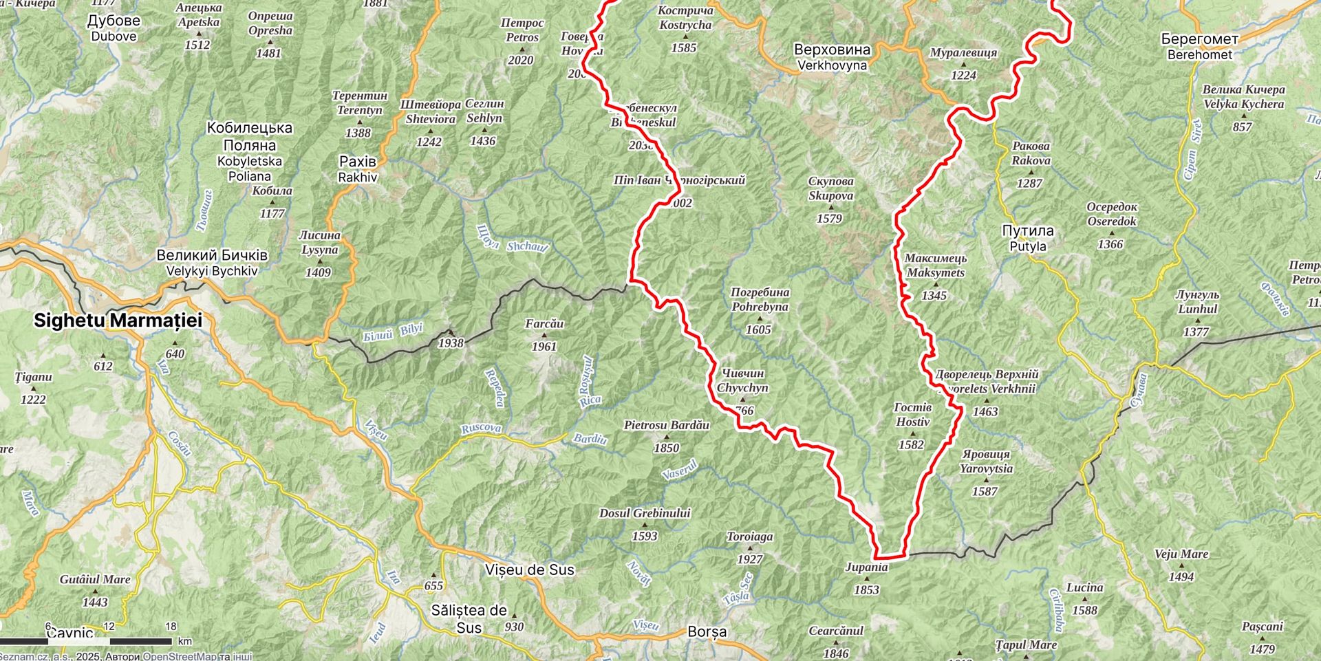 Мапа кордону Івано-Франківської області та Румунії. 