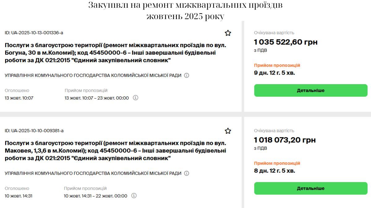 Влада Коломиї на 5,5 млн грн оголосила закупівель на ремонт міжквартальних проїздів 1