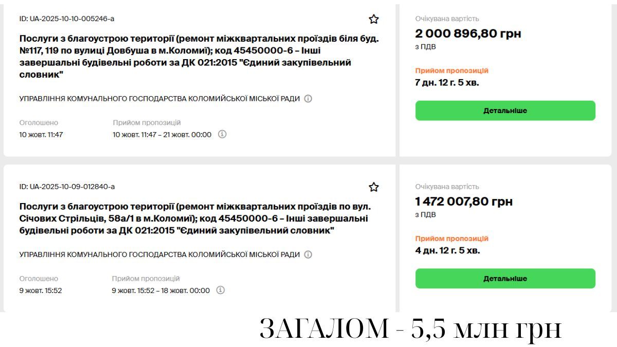 Влада Коломиї на 5,5 млн грн оголосила закупівель на ремонт міжквартальних проїздів 2