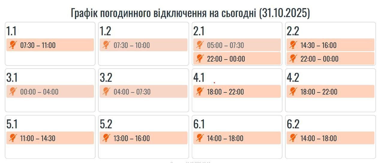 Графіки погодинних вимкнень на Прикарпатті 31 жовтня 2