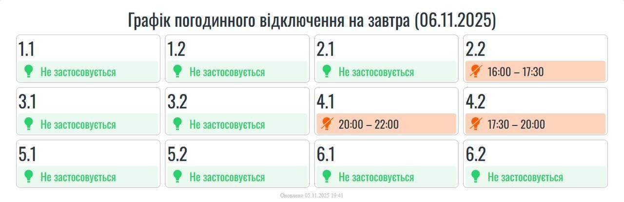Графіки погодинних вимкнень на Прикарпатті 6 листопада. Оновлюється 1