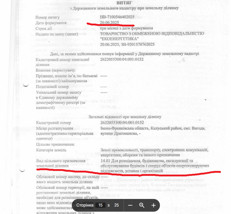 Витяг з Державного земельного кадастру про земельну ділянку. Фото: Інформатор Калуш