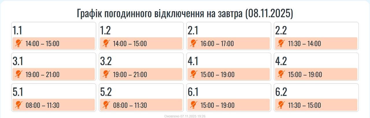 Графіки погодинних вимкнень на Прикарпатті 8 листопада. Оновлюється 2