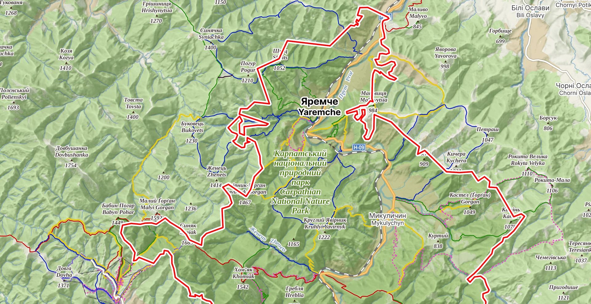 Межі Карпатського національного природного парку навколо Яремче Межі Карпатського національного природного парку навколо Яремче