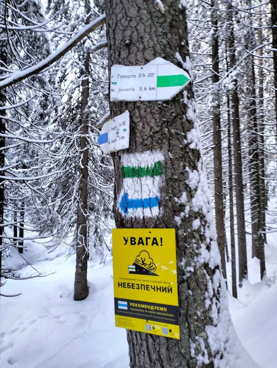 Попереджувальний знак у підніжжі Говерли взимку. Фото: команда "Волонтерські мандрівки" Попереджувальний знак у підніжжі Говерли взимку. Фото: команда "Волонтерські мандрівки"