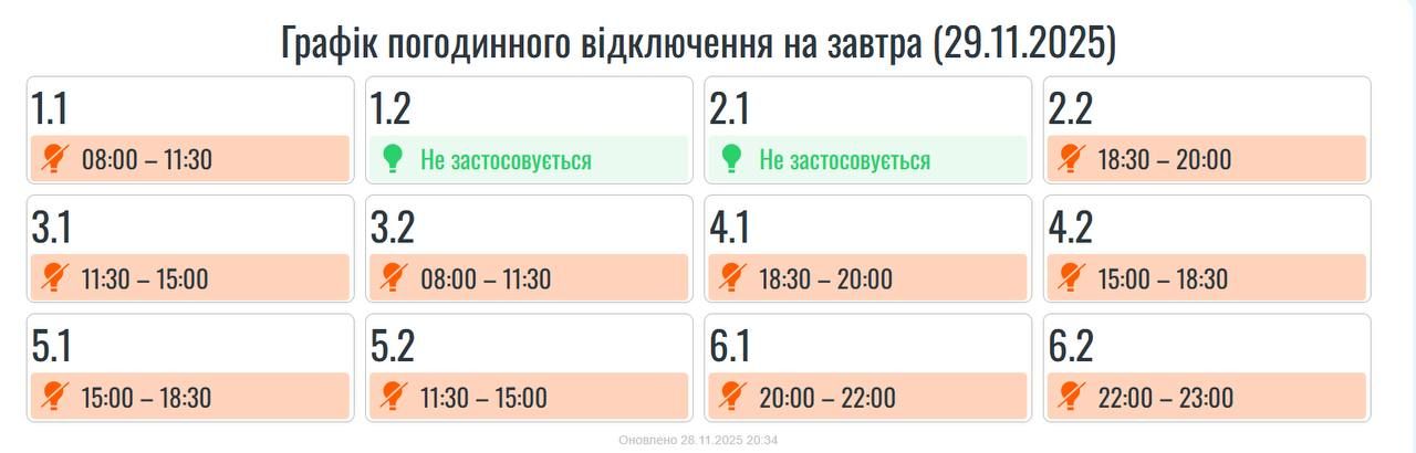 Графіки погодинних вимкнень на 29 листопада для Прикарпаття 2