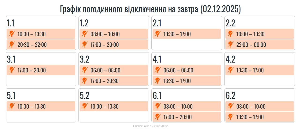 Графіки погодинних вимкнень на 2 грудня для Прикарпаття. ОНОВЛЮЄТЬСЯ 2