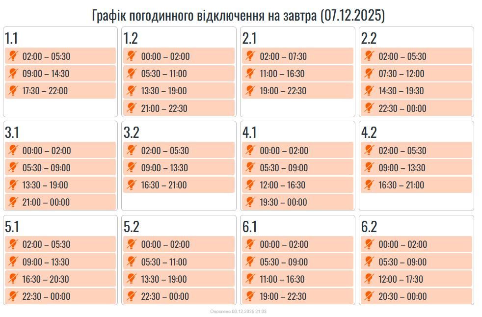 Графіки погодинних вимкнень на 7 грудня для Прикарпаття. ОНОВЛЮЄТЬСЯ 2