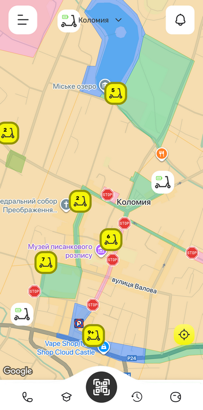 Скрін з додатку прокату самокатів у Коломиї